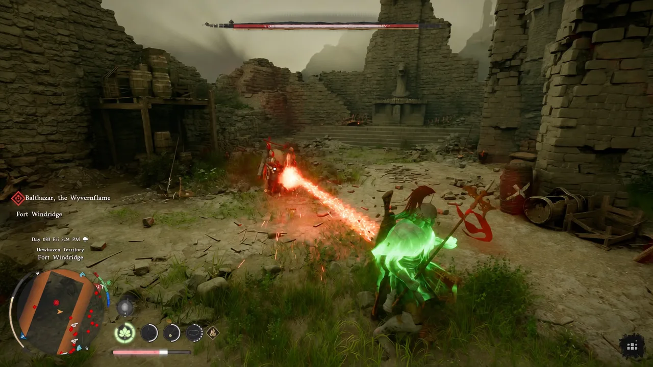 Glowing beam attack connecting with Balthazar during the boss fight at Fort Windridge