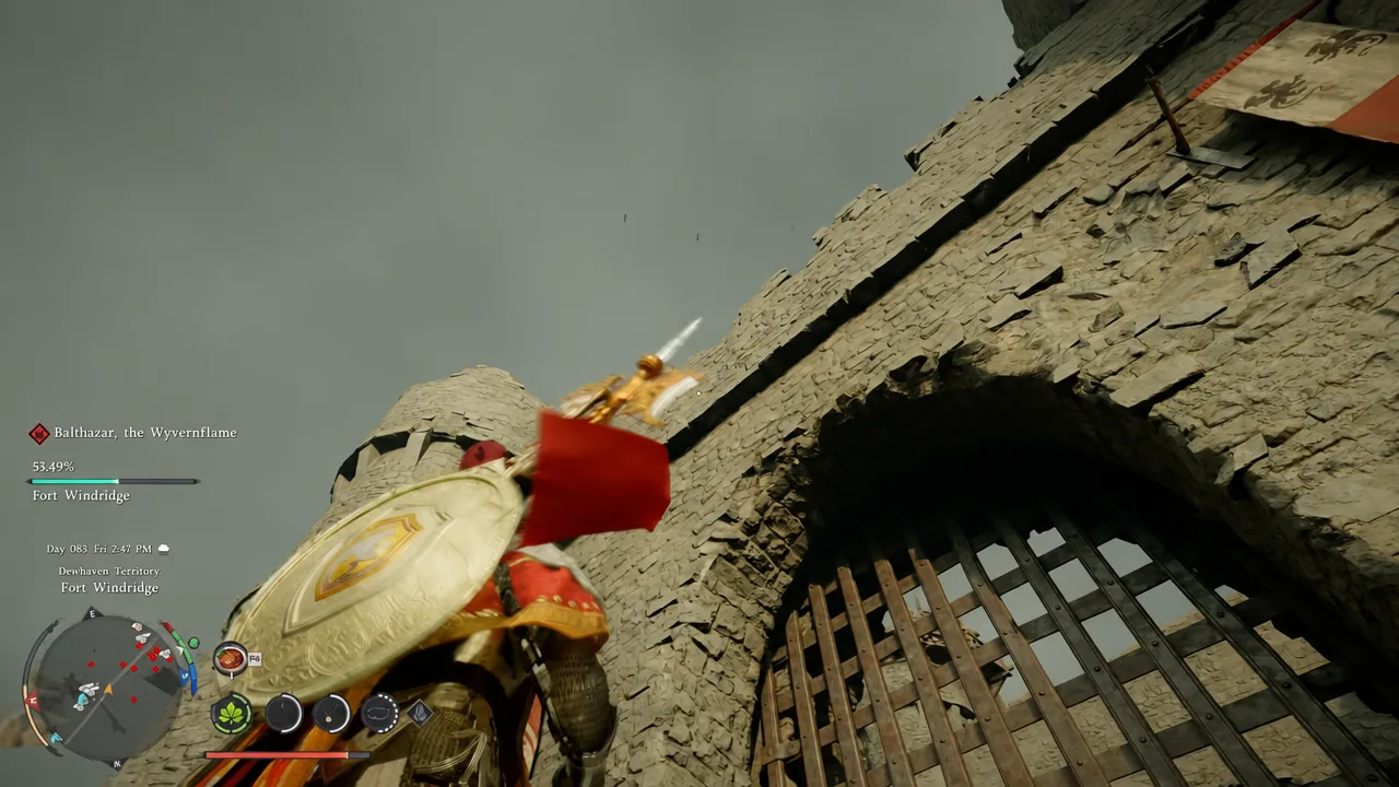 Kliff approaching the barred main gate of Fort Windridge with the location name on screen