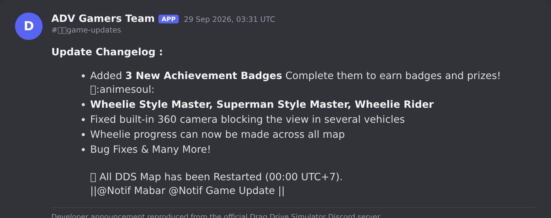 The Drag Drive Simulator update post in the game's Discord server
