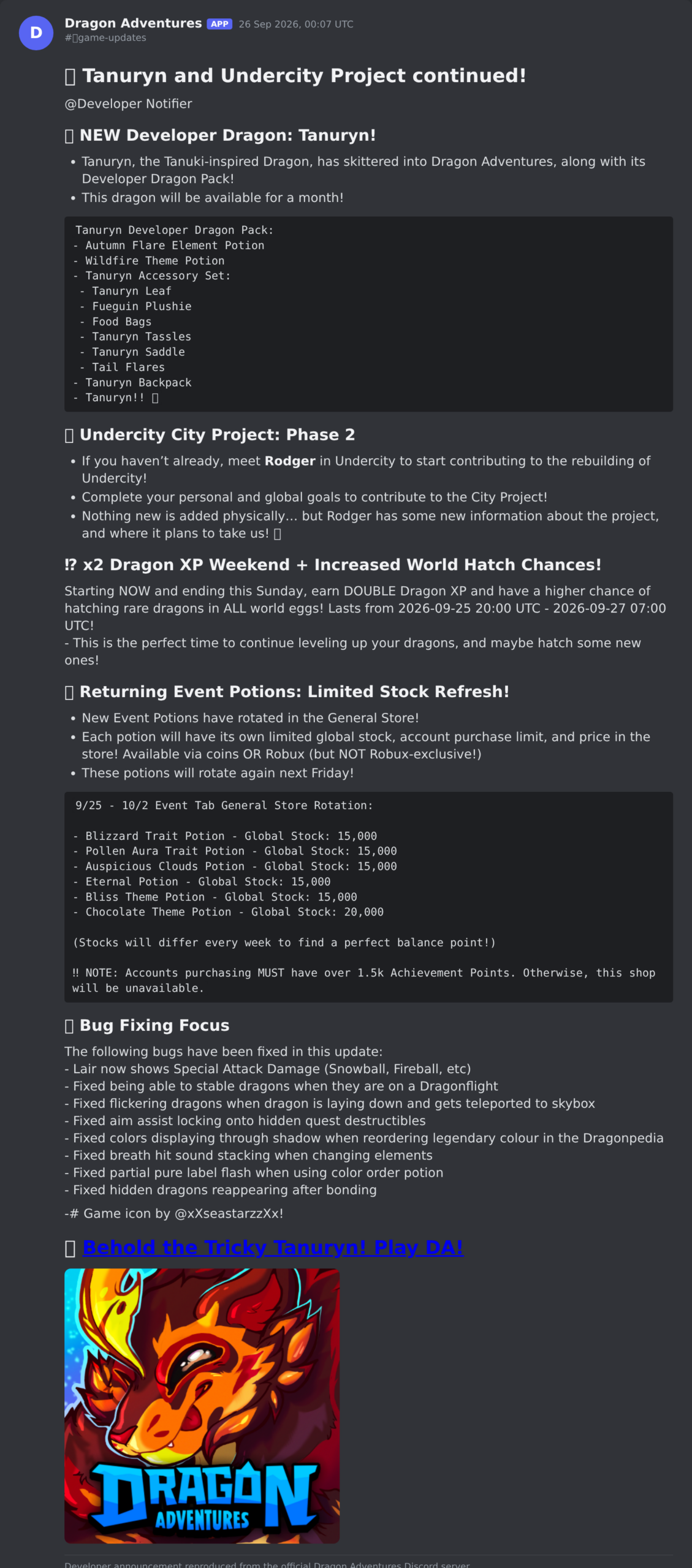 The Dragon Adventures update post in the game's Discord server