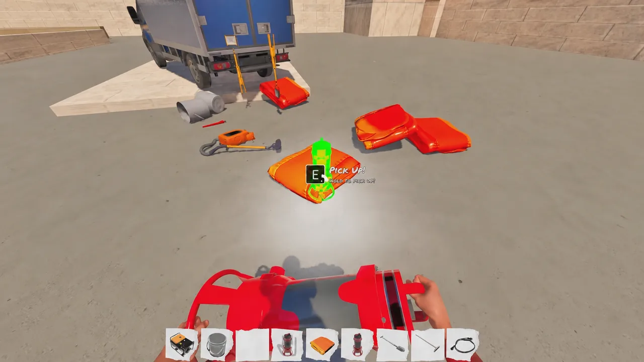 Highlighted orange equipment showing the E pick up prompt in DrainSim