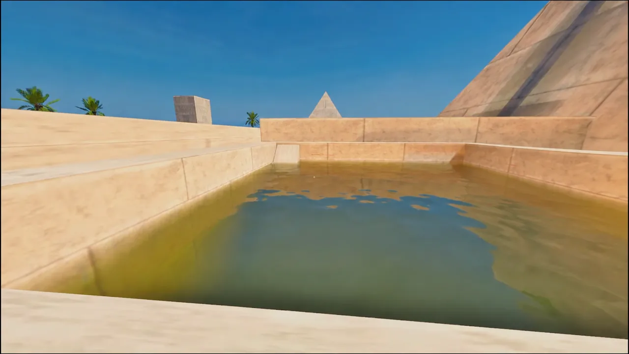 Flooded stone courtyard pool in front of the pyramid on the Egypt workshop map