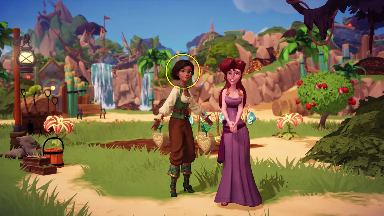 Gameplay view with a yellow selection ring around the player avatar next to a companion