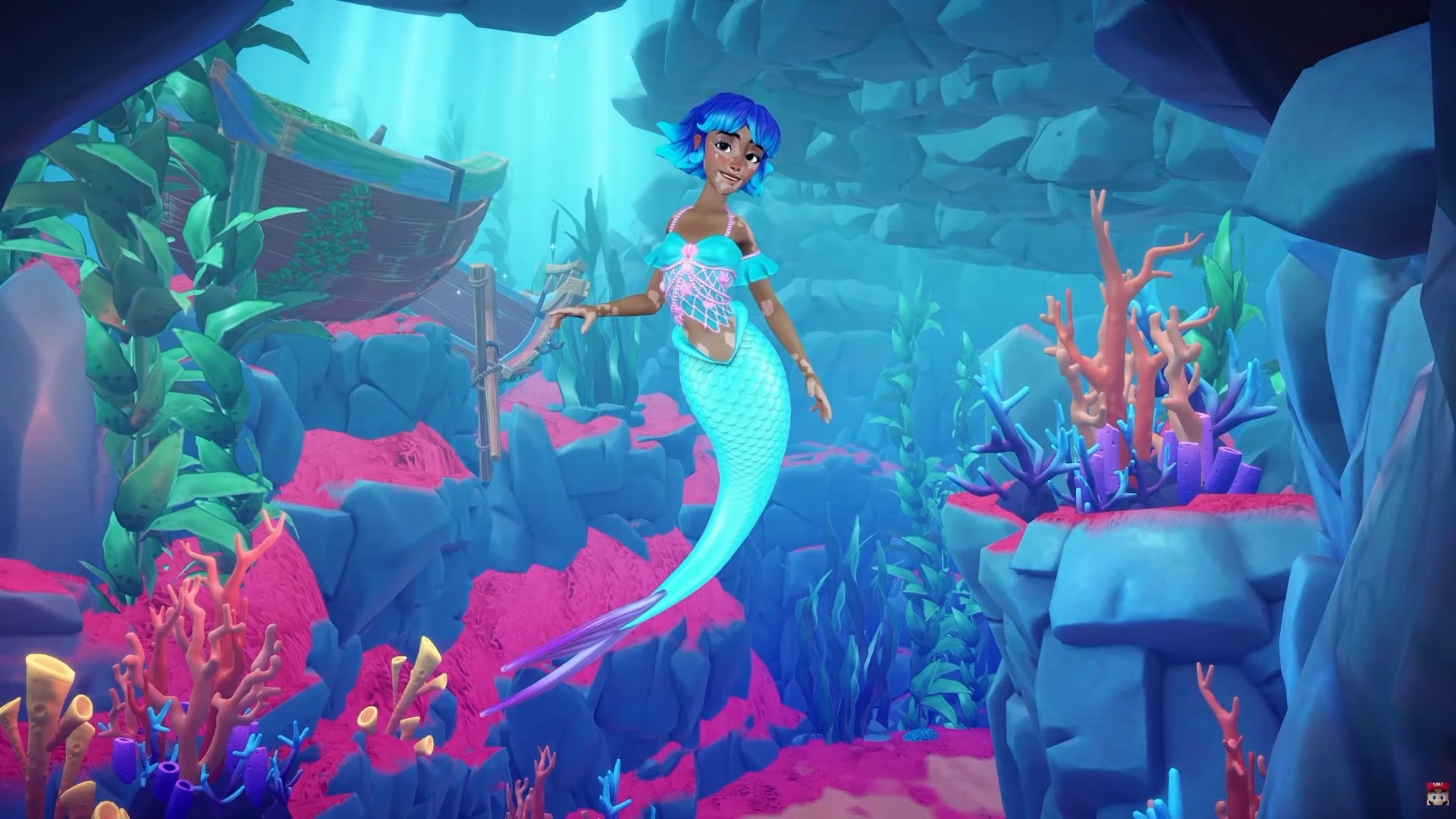 Player avatar swimming with a colorful mermaid tail and seashell top underwater