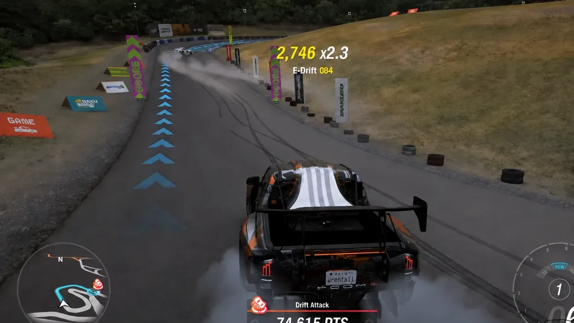 Car performing an E-Drift around the marked Drift Attack course while accumulating points