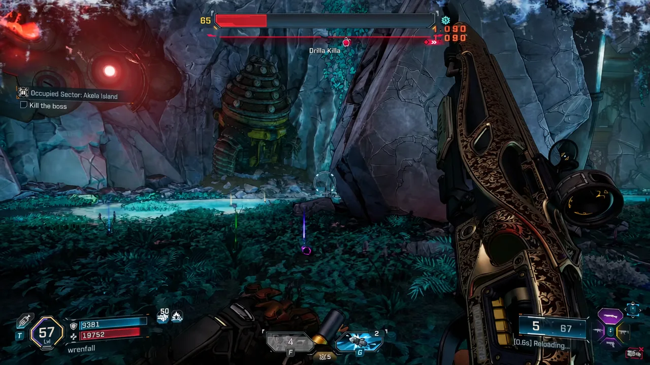 Reloading while the Occupied Sector objective and boss health bar stay on screen