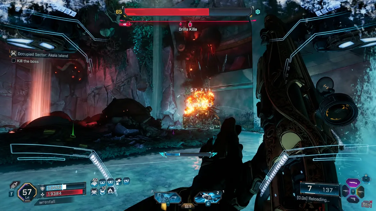 Drilla Killa takes fire while the Occupied Sector: Akela Island objective reads Kill the boss