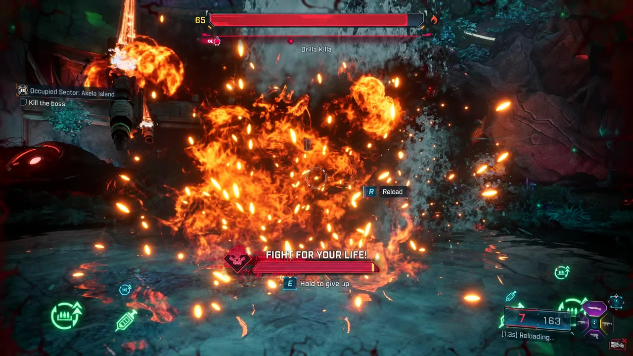 Reload prompt highlighted on screen mid-fight against Drilla Killa