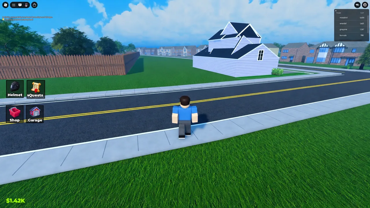 Avatar standing on a suburban street in Drive A Kukirin with the Garage button on screen