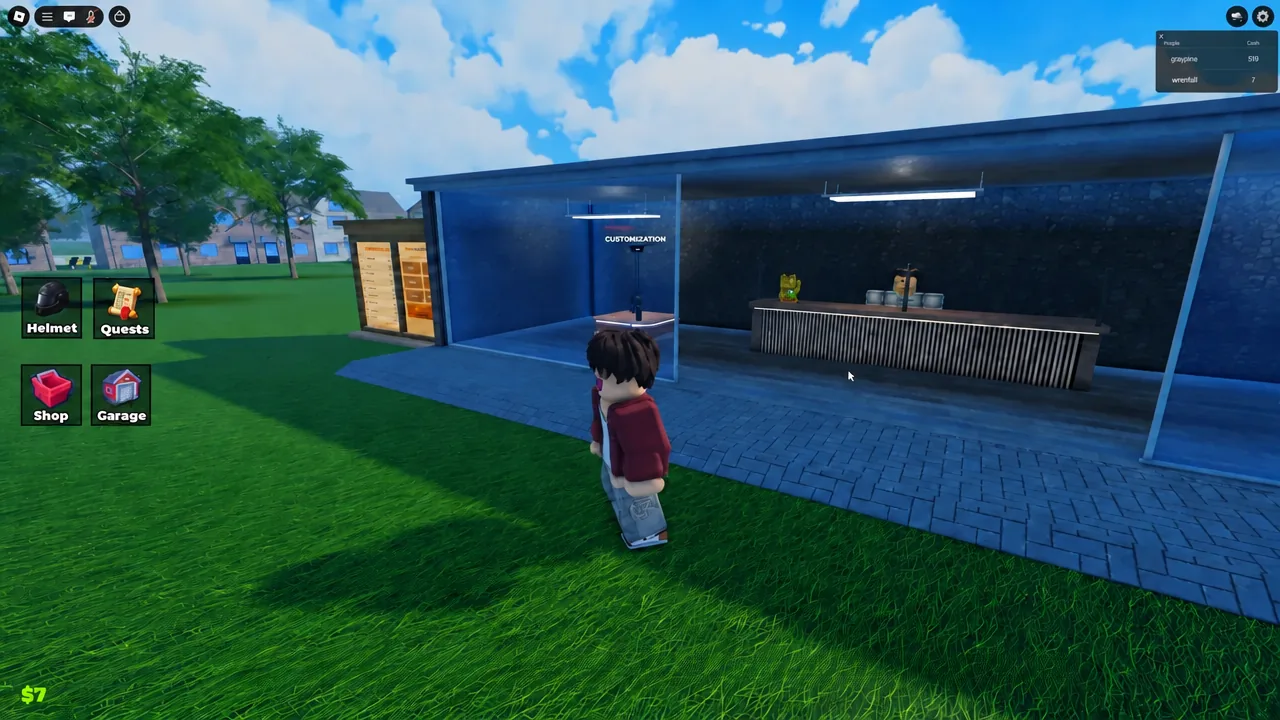 Rider walking toward the CUSTOMIZATION area with the Garage, Helmet, Quests and Shop buttons on screen
