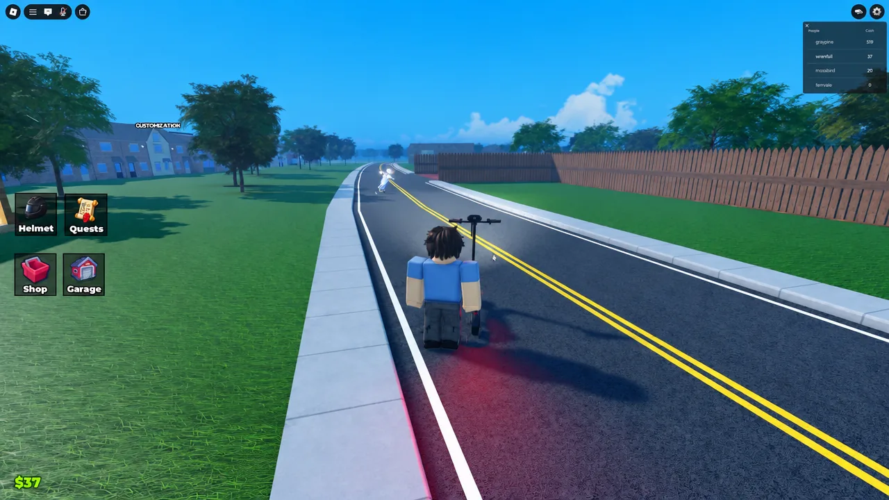 Scooter riding down the main road in Drive A Kukirin with the cash counter and side menu buttons visible
