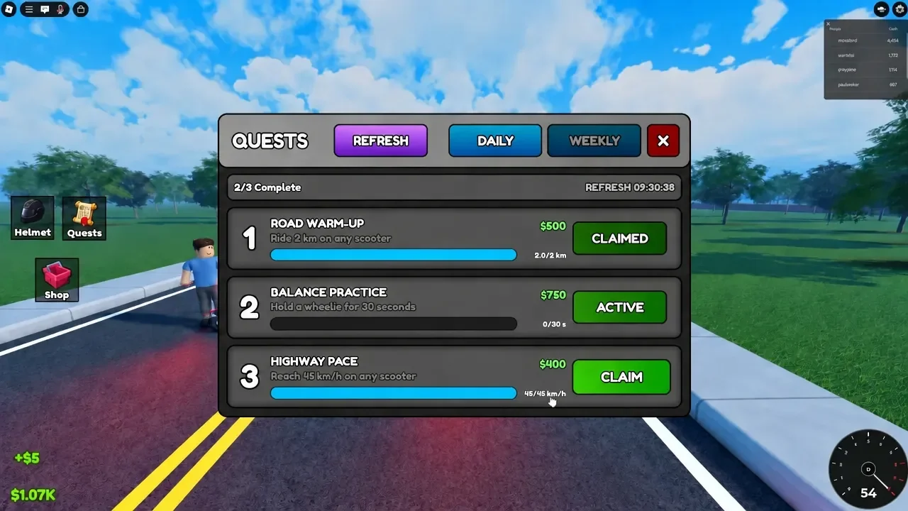 Quests menu showing a finished quest with an active Claim button next to its cash reward