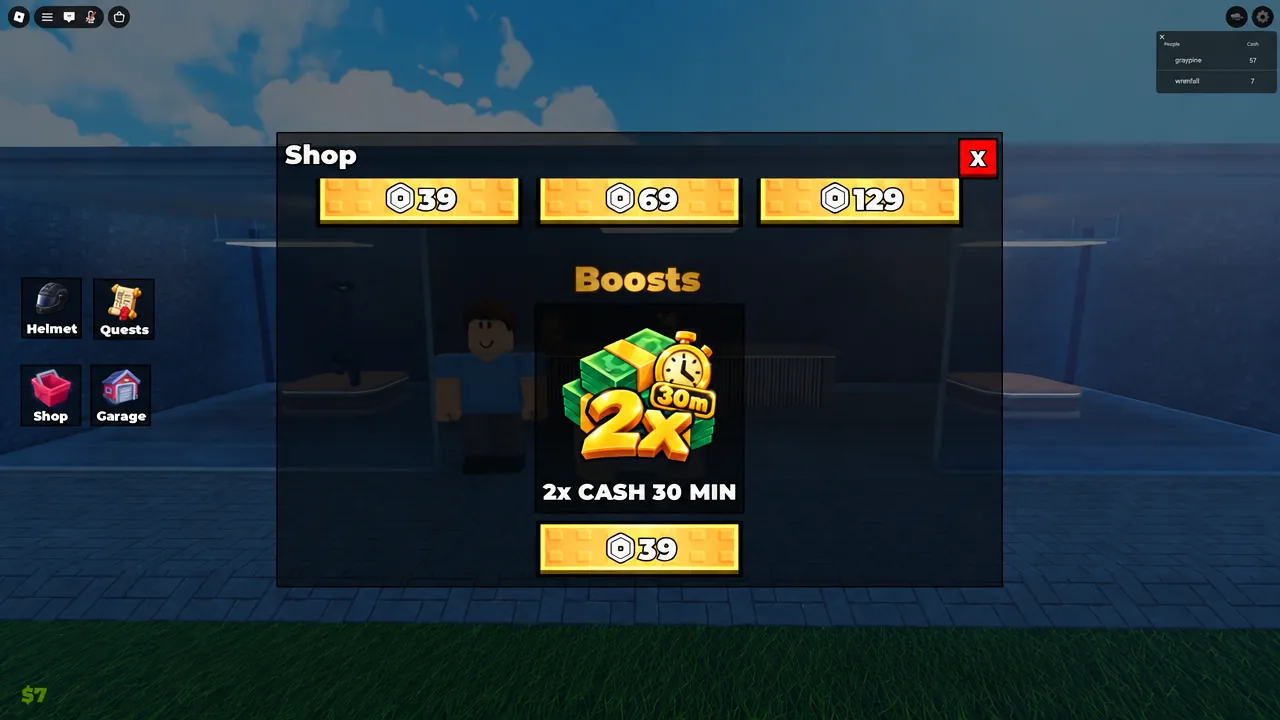 Shop menu showing the 2x Cash 30 Min boost and its purchase button