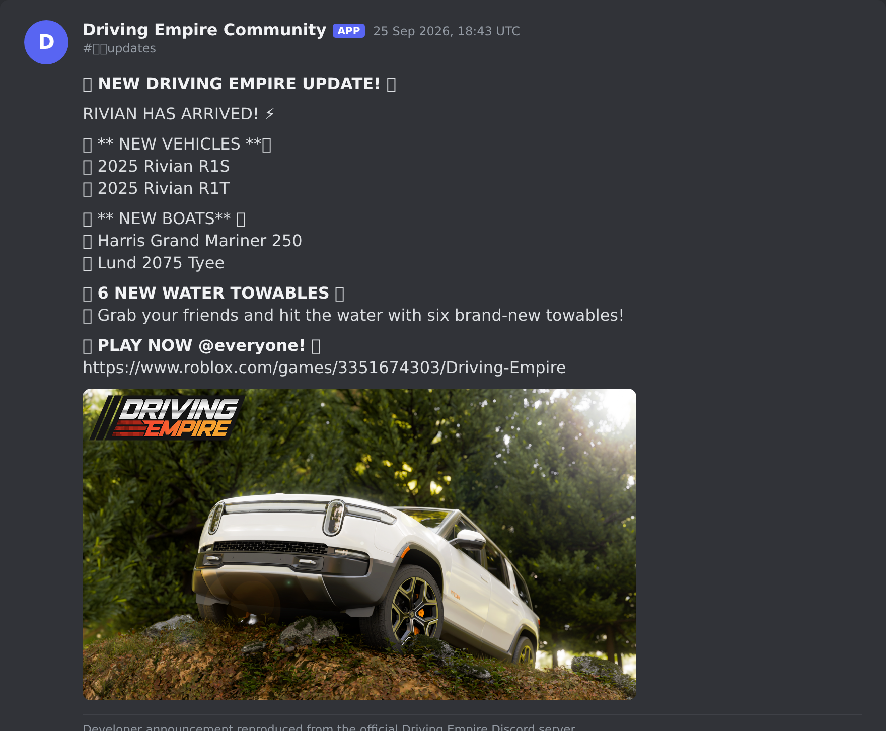 The Driving Empire update post in the game's Discord server
