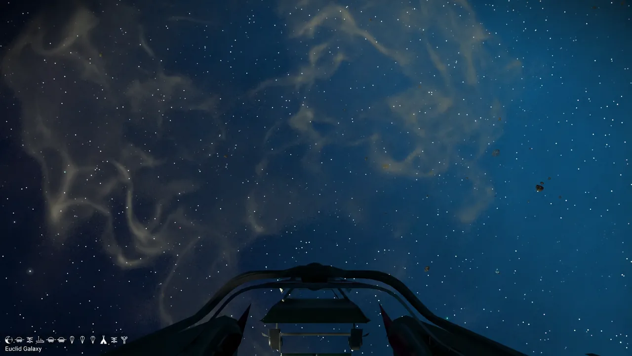 Starship cockpit flying through the Euclid galaxy with the HUD visible in the lower left