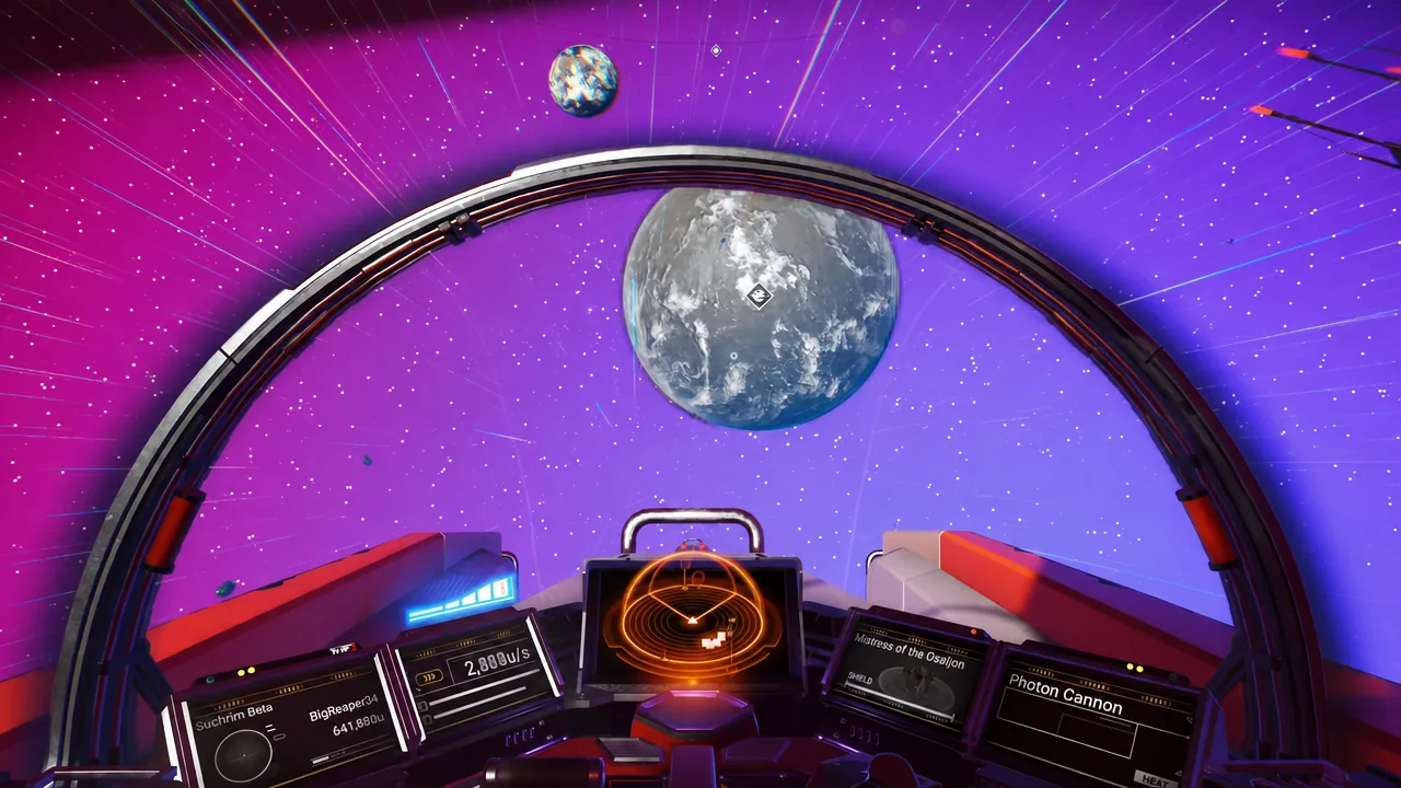Cockpit view with the navigation display active while flying toward a marked destination