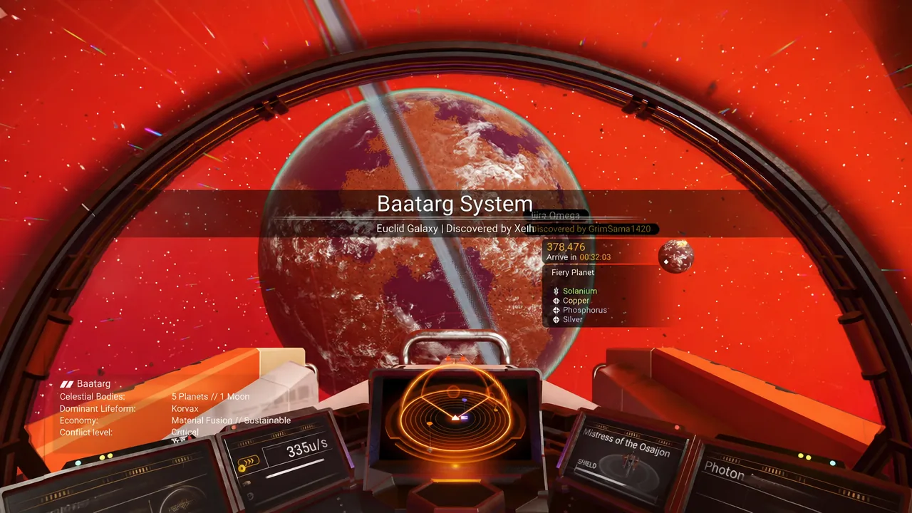 System arrival screen listing a fiery planet and its resources on approach