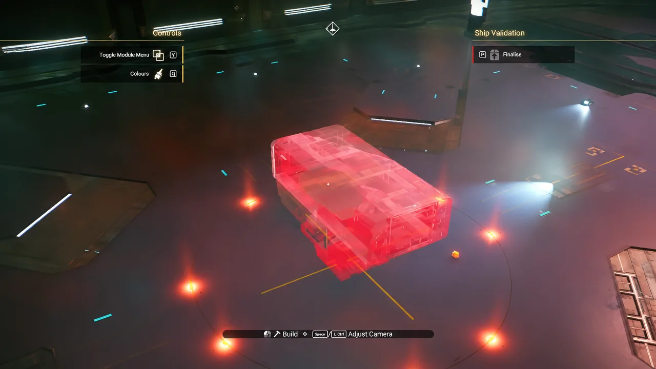 Ship Validation screen with a red module being positioned on the Corvette before finalising