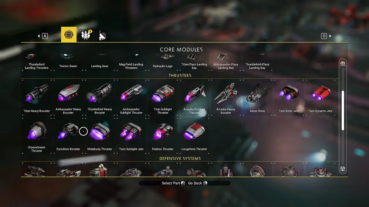 Thrusters list inside the Core Modules menu with Pyrodrive Booster highlighted