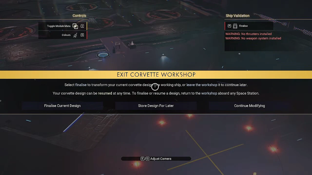 Exit Corvette Workshop prompt warning that thrusters and weapons are missing from the design