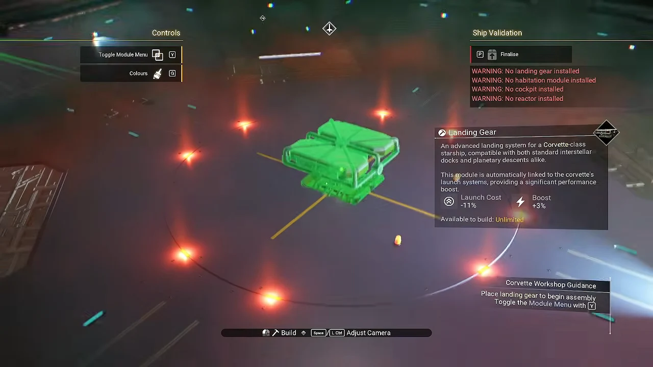 Corvette Workshop module menu with the Landing Gear module highlighted during placement