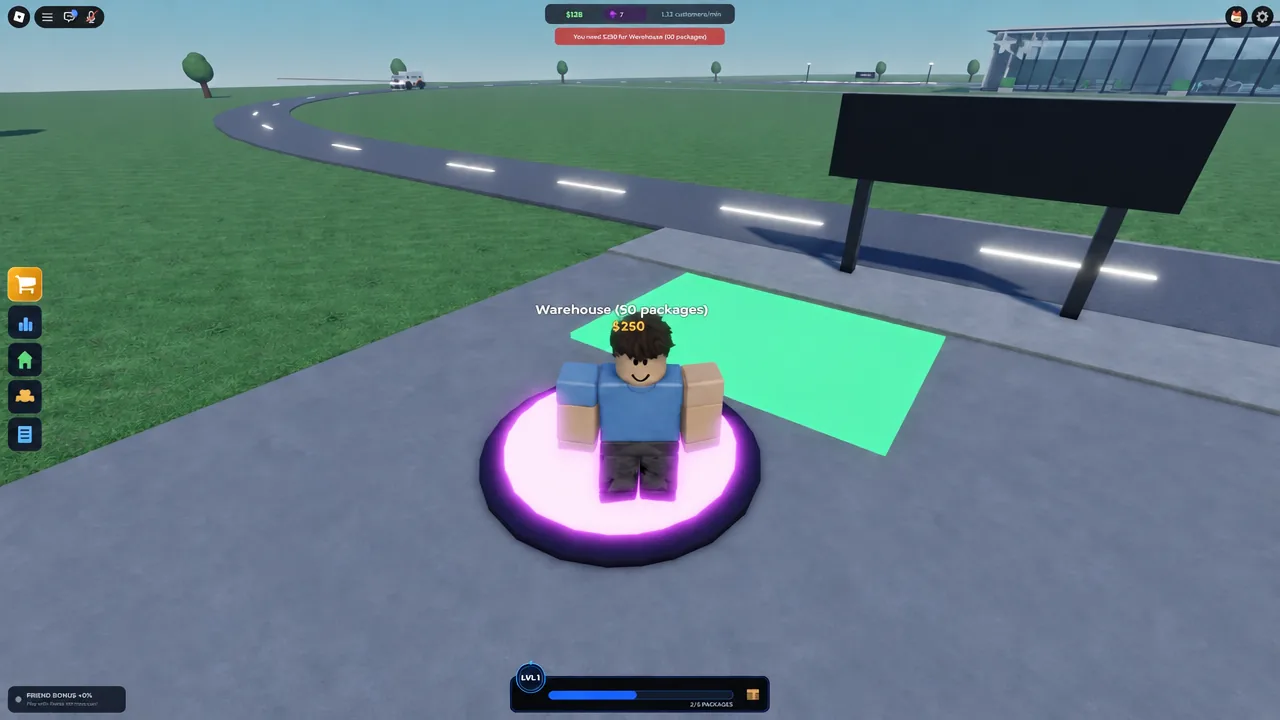 Close view of the highlighted warehouse expansion pad as the player buys the upgrade for 250 dollars