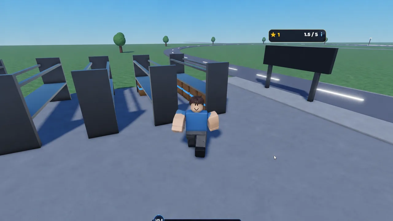 Player moving between warehouse shelves with the level star counter reading 1.5 out of 5 in the corner