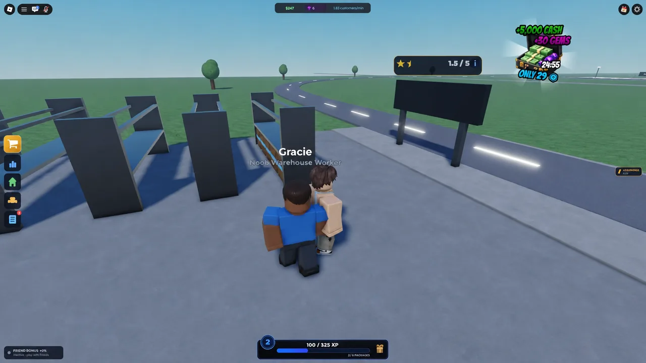 Player standing beside hired warehouse worker Gracie with the orange Shop button lit up on screen