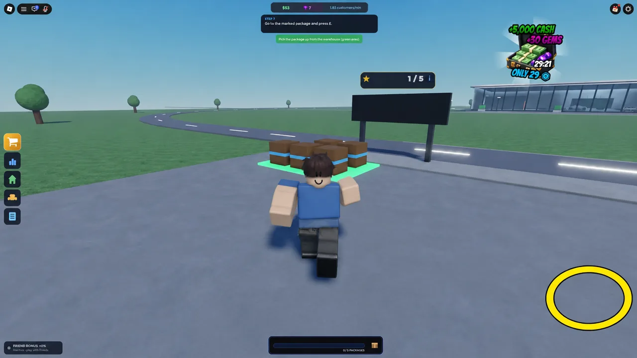 Player walking up to a labeled package glowing in the green pickup zone with the interact prompt showing