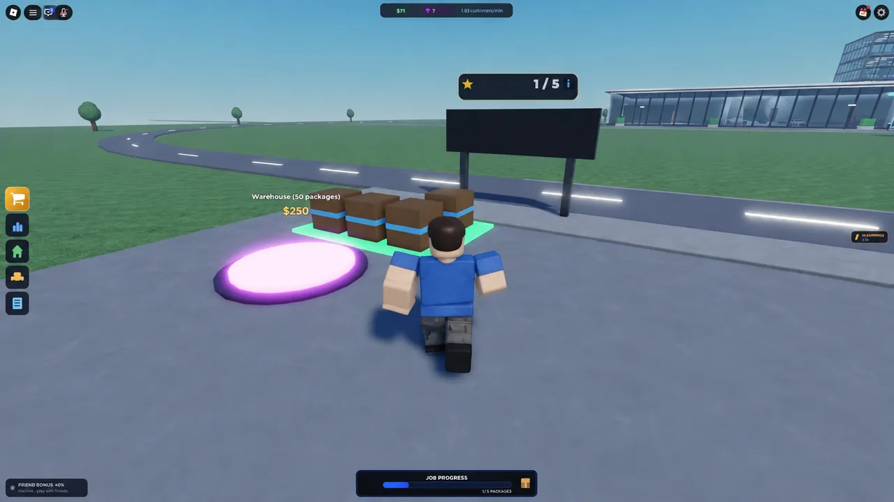 Avatar walking toward the glowing Warehouse 50 packages purchase pad priced at 250 dollars