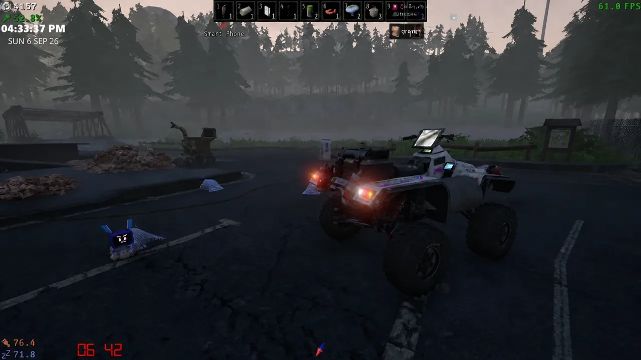 Gameplay HUD with the Smart Phone selected in the quick bar while standing next to the ATV