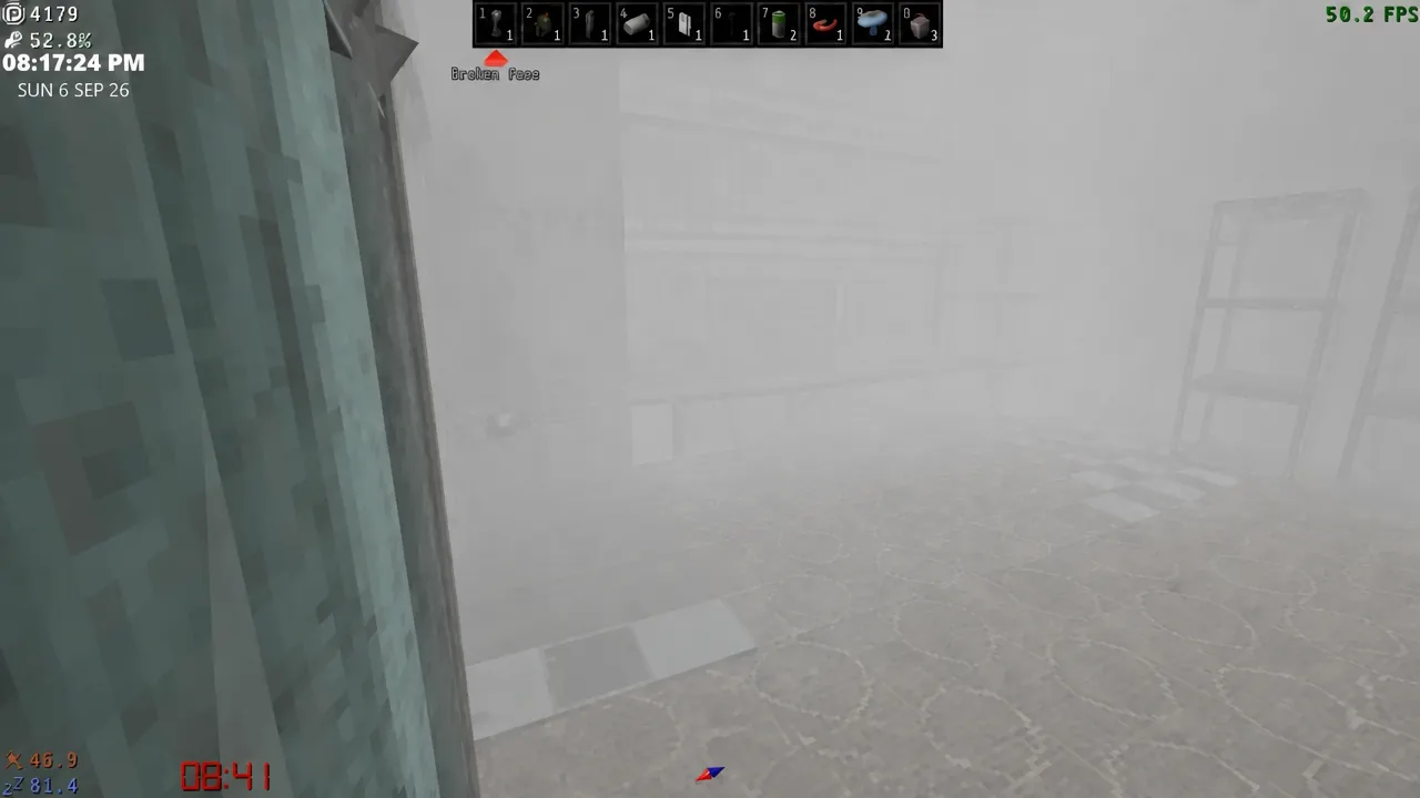 Hotbar showing a Broken Face item selected while the player looks into a fog-filled room