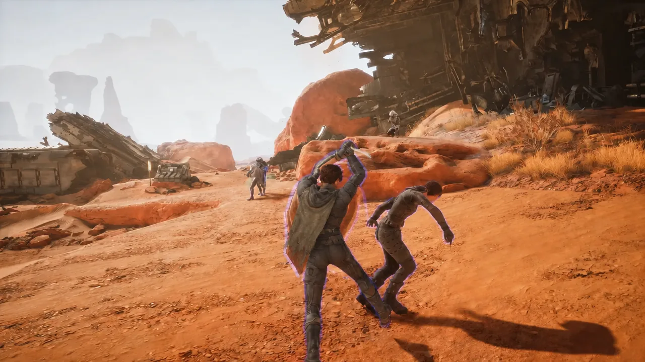 Player character firing off a glowing purple ability at an enemy inside a desert settlement