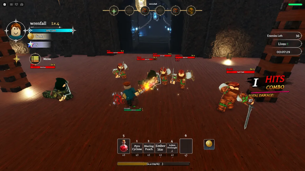 Dungeon gameplay with the Menu button visible as the player attacks a group of enemies