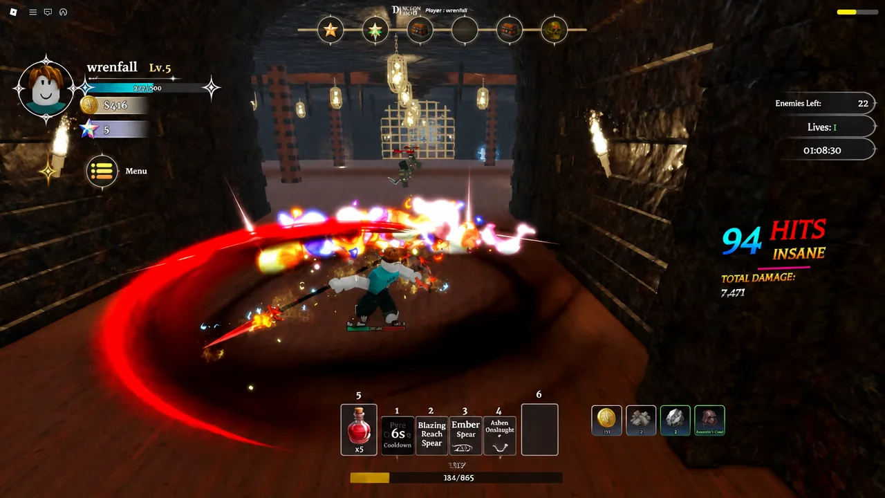 Player unleashing a sweeping red area attack with a 94 HITS combo counter on screen