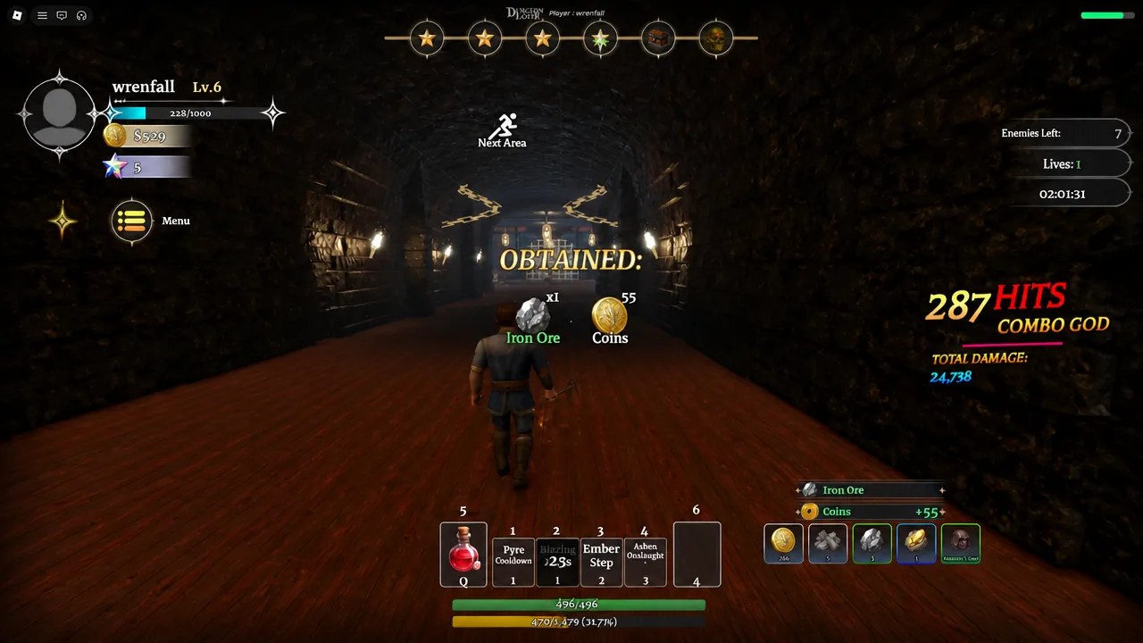OBTAINED overlay showing Iron Ore x1 and 55 Coins collected after a fight
