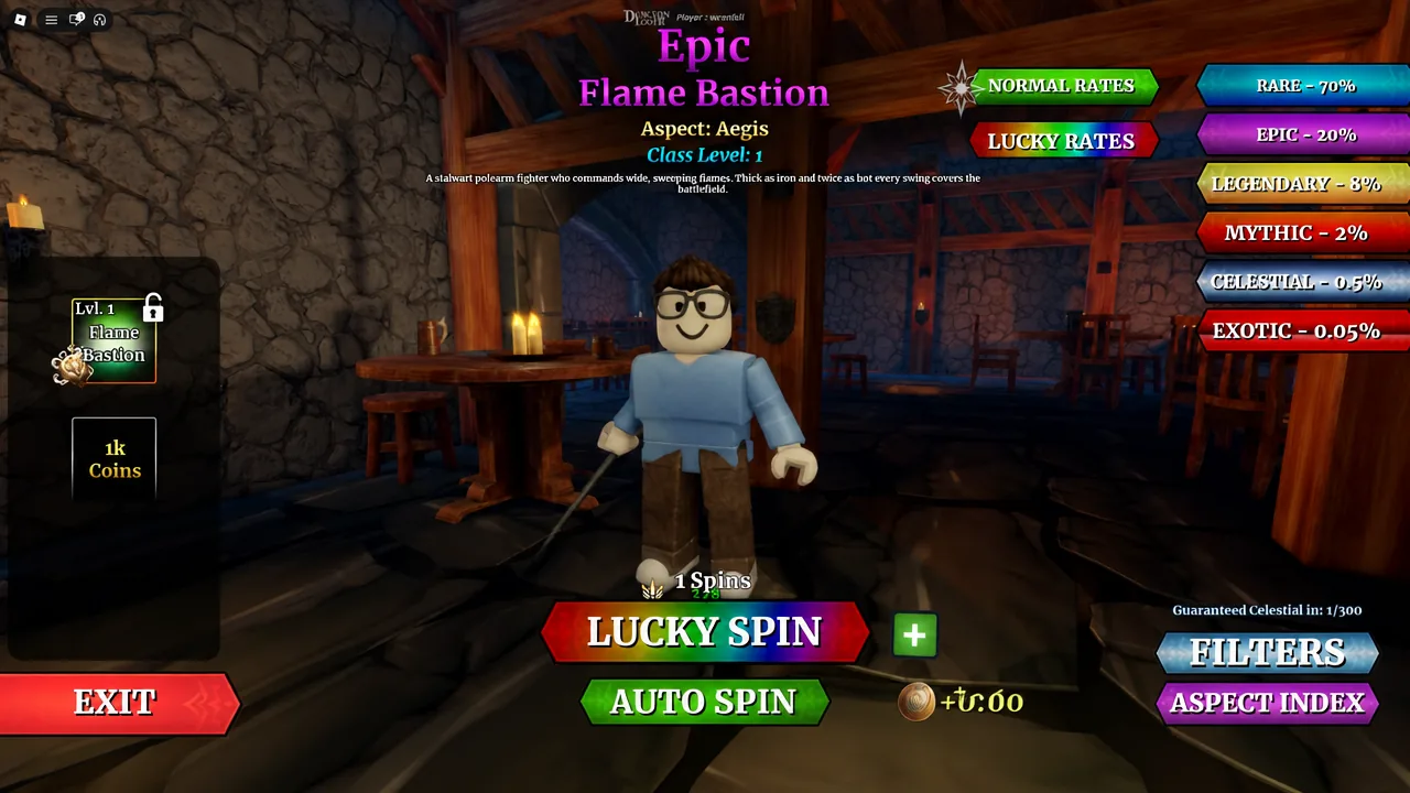 Epic Flame Bastion class screen with the Lucky Spin button ready