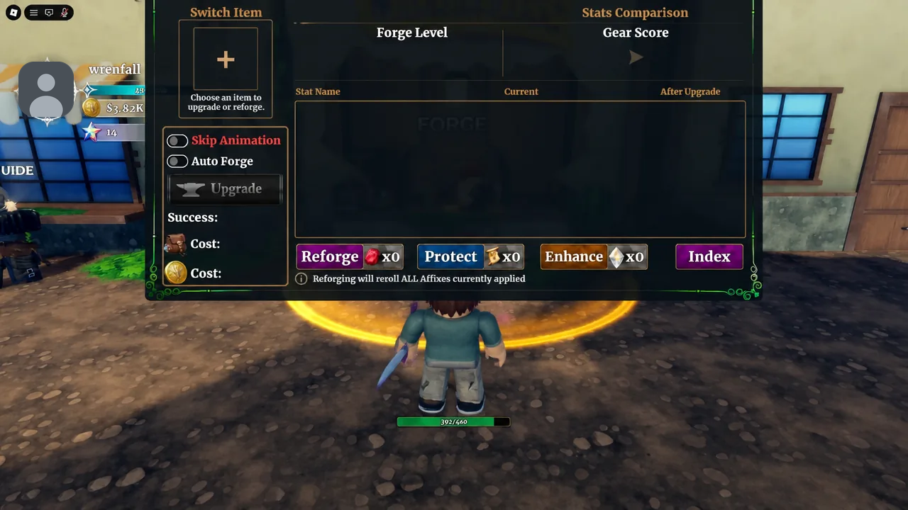 Forge Level screen with the Switch Item button used to pick gear for upgrading or reforging