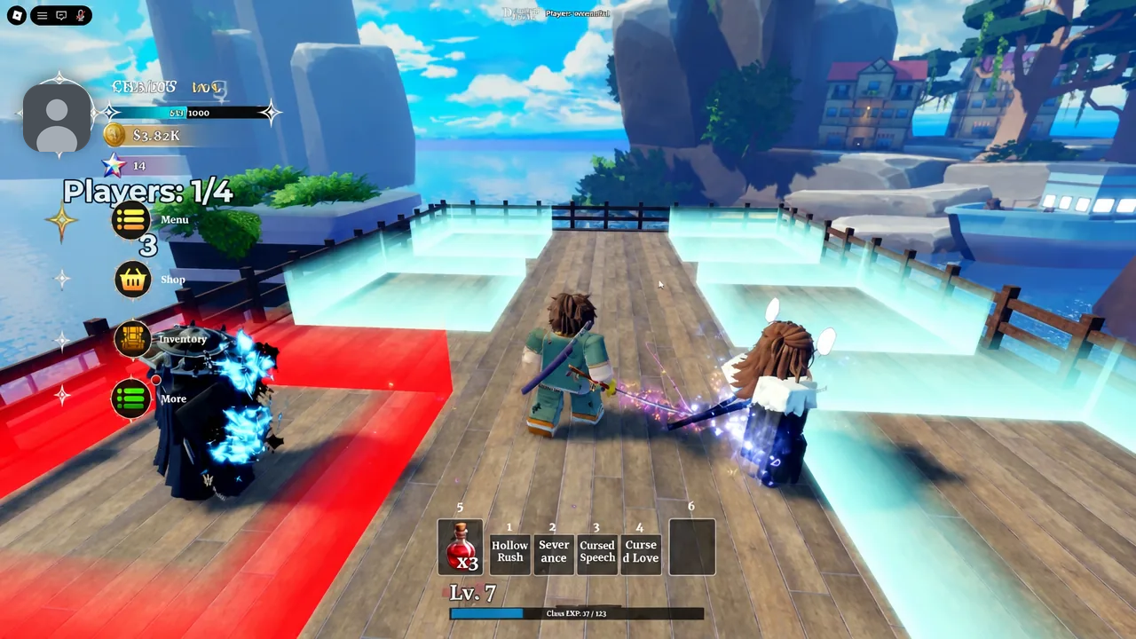 Player fighting inside a glowing dungeon arena with the skill hotbar visible at the bottom