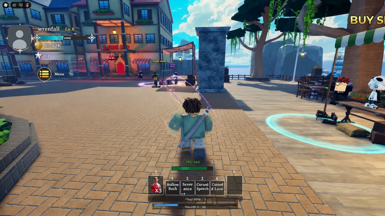 Town plaza gameplay with the Menu button visible on the left side of the screen