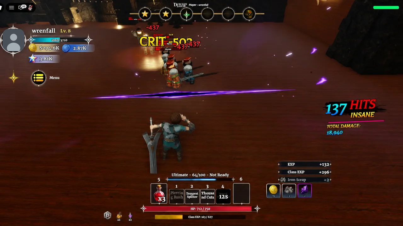 Damage numbers and a hit counter stacking up as the player attacks a group of enemies in Dungeon Lootr
