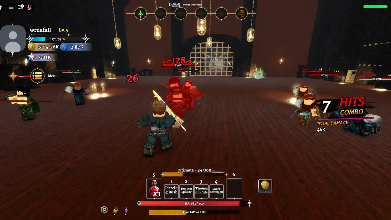A Moria Blade dungeon run, with the combo counter tracking the ongoing chain.