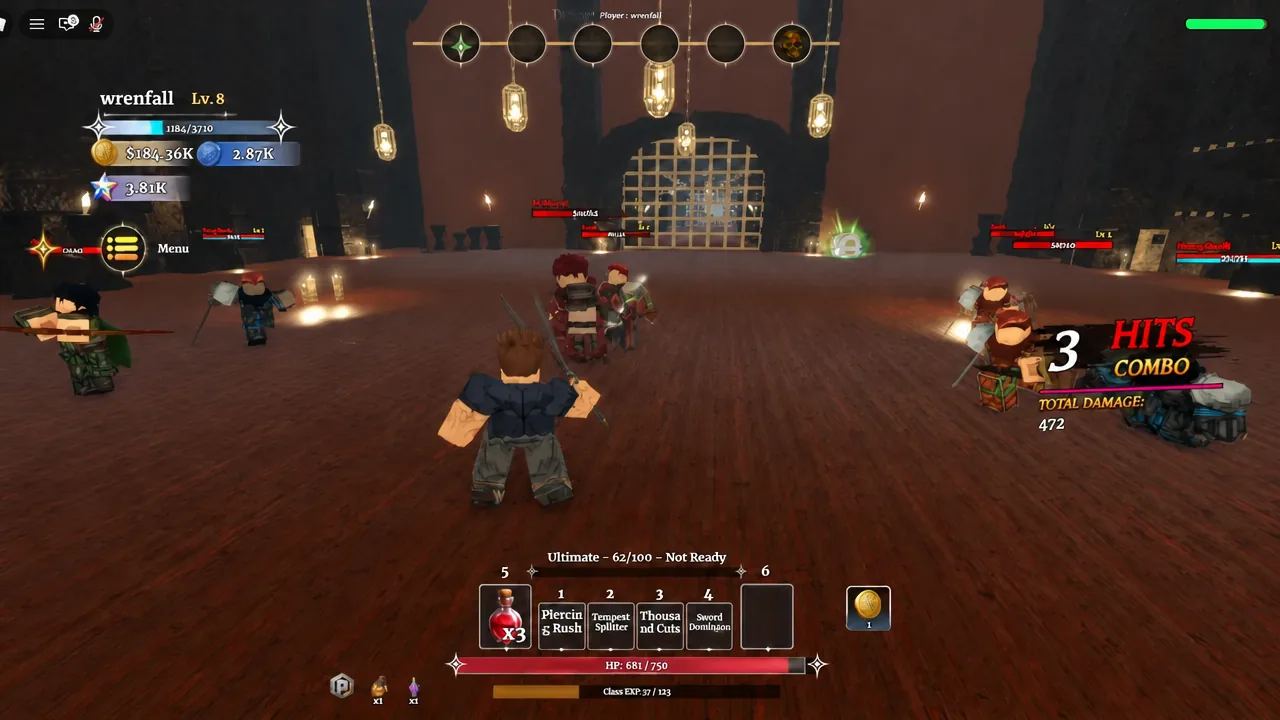 Moria Blade combo in progress with a 3 HITS COMBO counter on screen during a Dungeon Lootr run