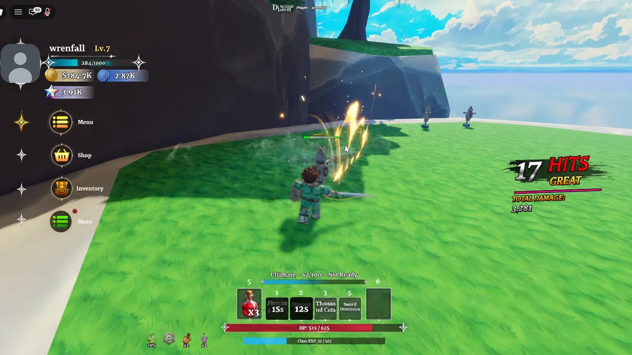 Dungeon Lootr gameplay with the Menu, Shop, Inventory, and More buttons on the left side of the screen