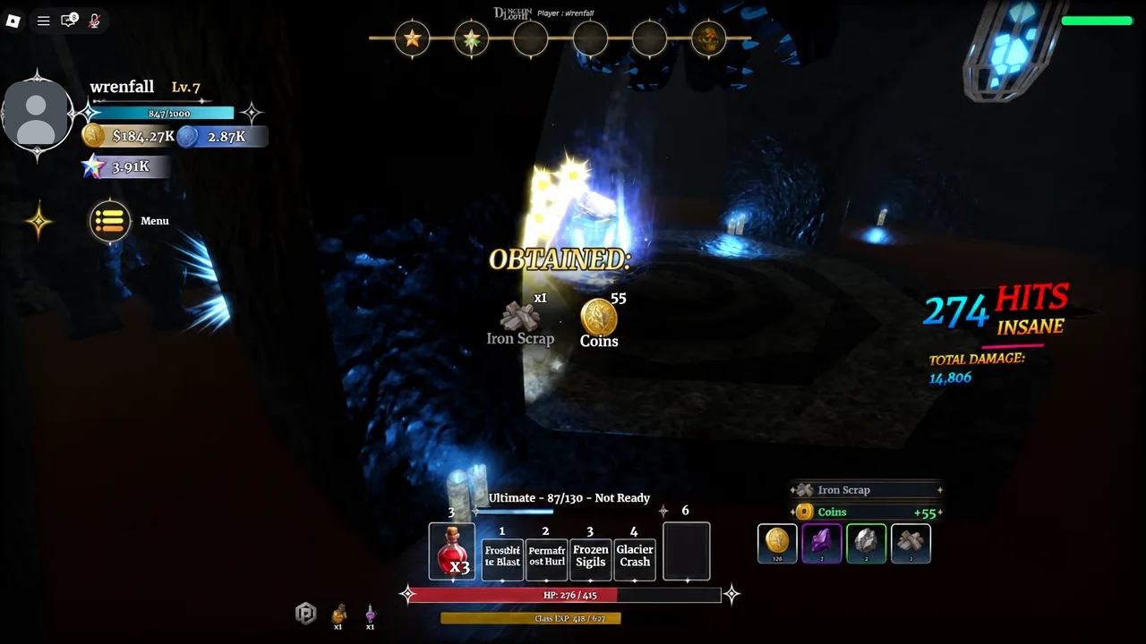 OBTAINED overlay listing Iron Scrap and Coins after picking up loot in a Dungeon Lootr dungeon