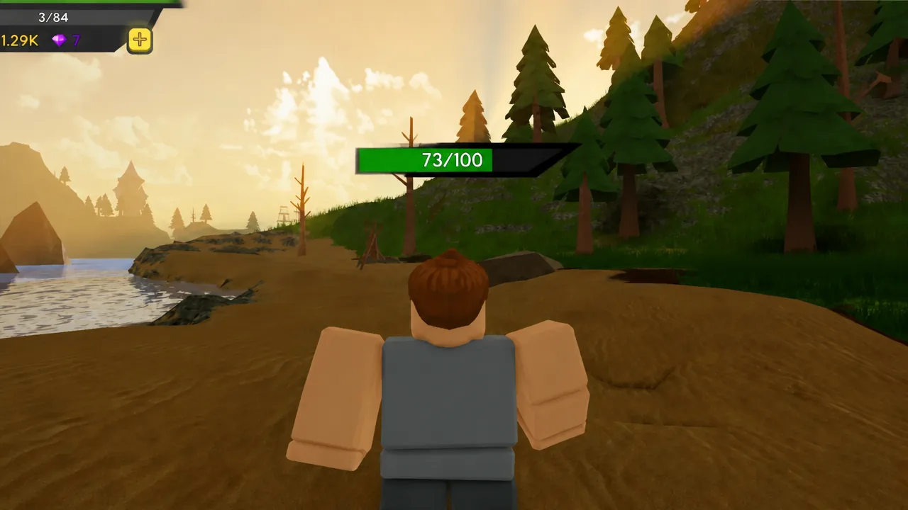 Dungeon Quest Reborn character running along a shoreline with a 73 out of 100 health bar