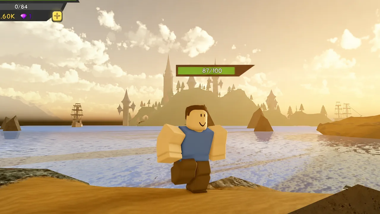 Dungeon Quest Reborn character standing in shallow water with an 87 out of 100 health bar on screen