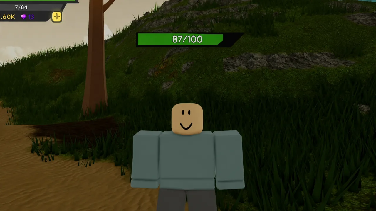 Dungeon Quest Reborn gameplay view with the player avatar and an 87 out of 100 health bar