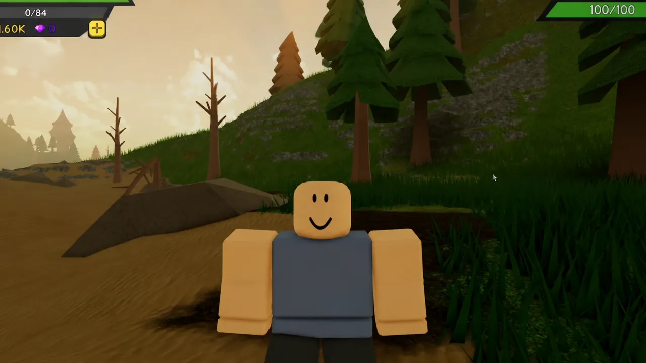 Dungeon Quest Reborn avatar on a forest path with the gold counter and plus button in the HUD