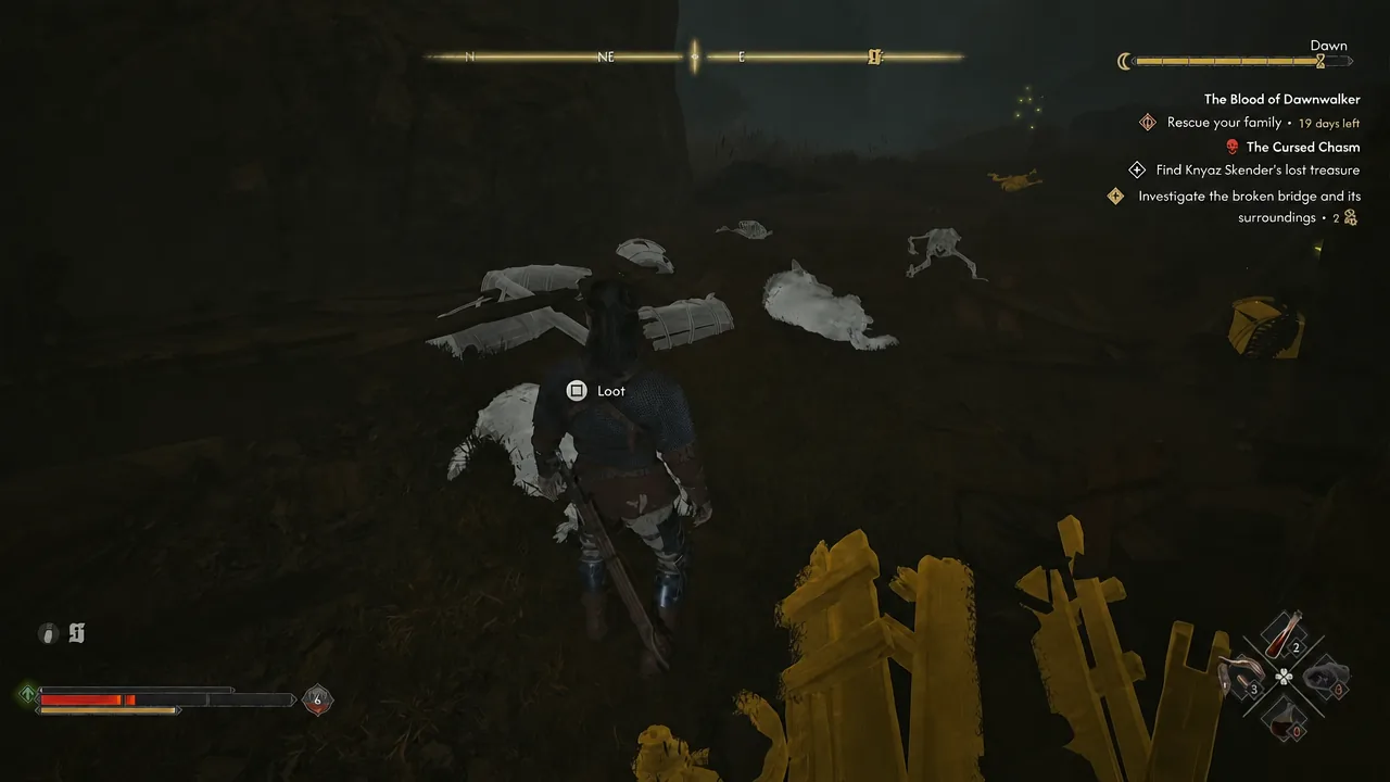 Loot prompt shown over a body at the bottom of the chasm before the pickup